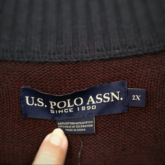 U.S. Polo Assn. Sweater 1/4 Zip Mock Neck Cotton Blend Merlot Sz 2XL NWT - Picture 7 of 9